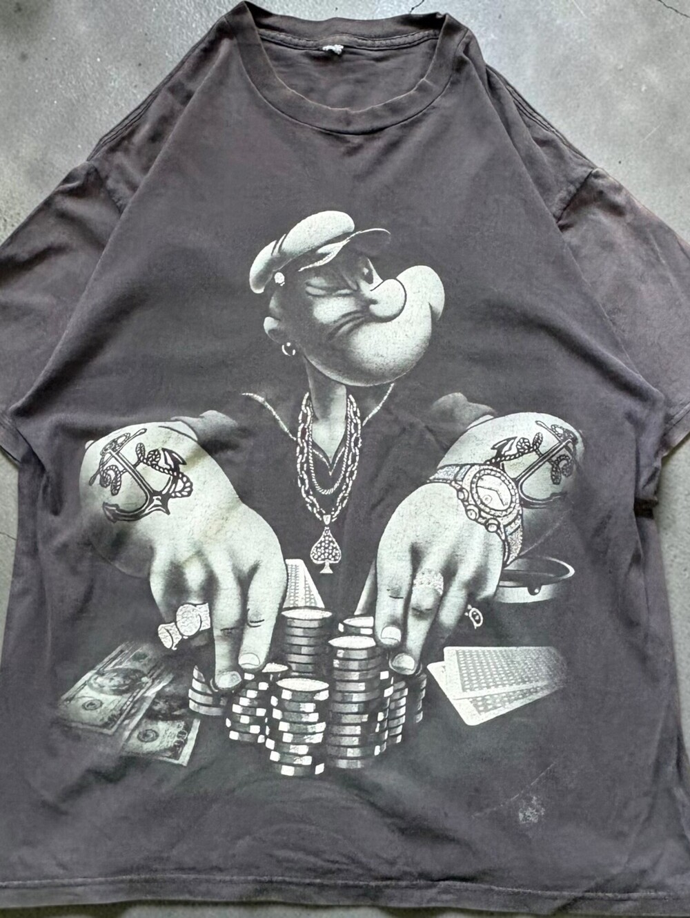 Vintage Y2K Popeye Streetwear Faded Graphic Gangster Shirt Size Mens Medium